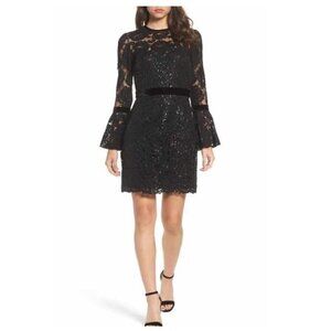Tadashi Shoji Lace Bell Sleeve Sheath Dress Black Women’s Size 6 Sequin Velvet